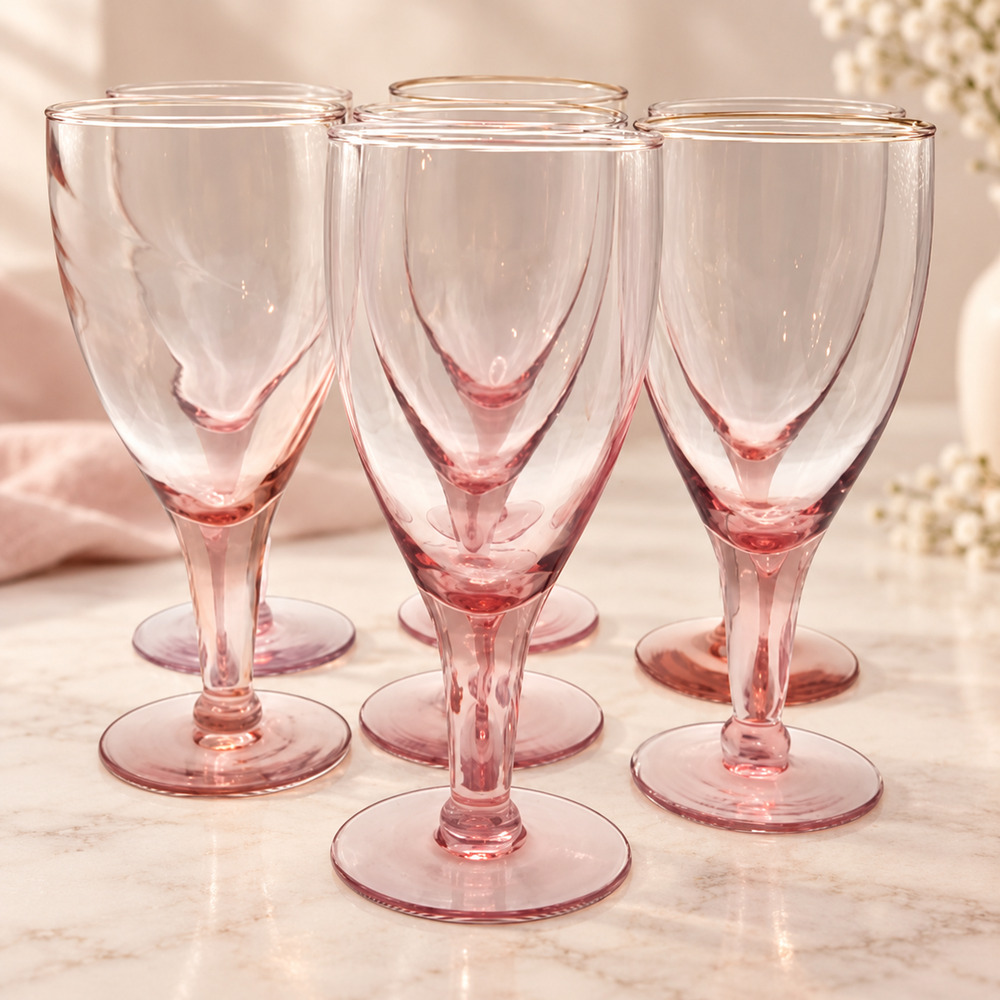 Vintage Rose Pink Blown Glass Tulip Goblets 12 oz Continuous Stem Set of 7